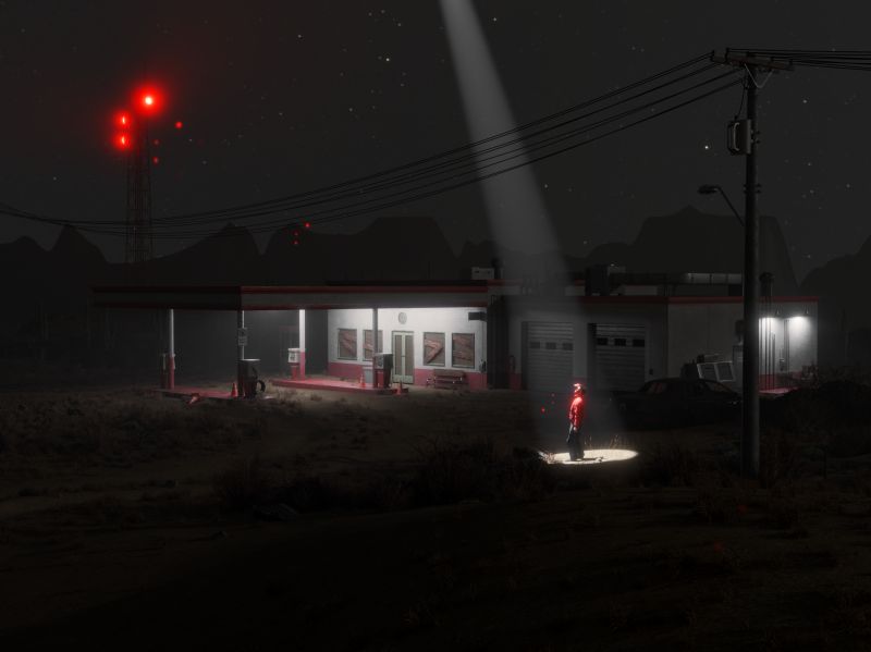A night-time render of a desert gas station under the stars, where a figure in a red jacket stands in a beam of light from above beside power lines and a red-lit radio tower