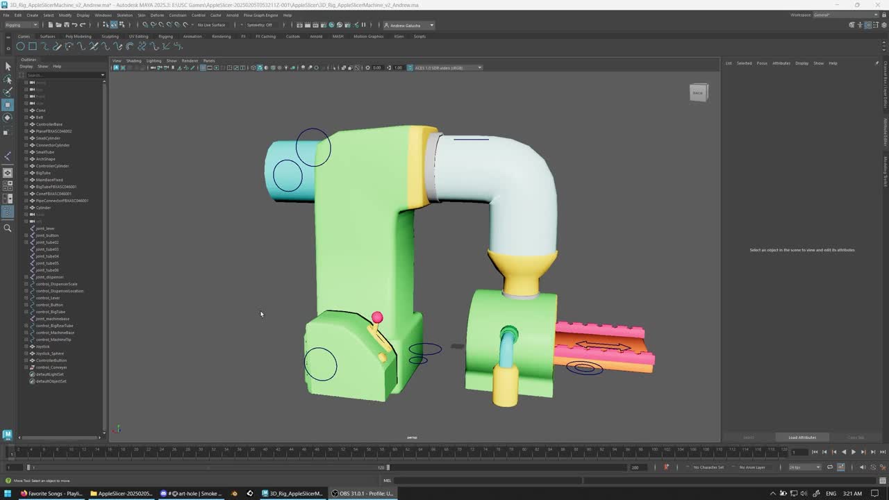 The cover of Andrew's rig video: his Apple Slicer machine rig in Maya, a green and yellow machine with a pale blue pipe, a pink conveyor and blue control curves