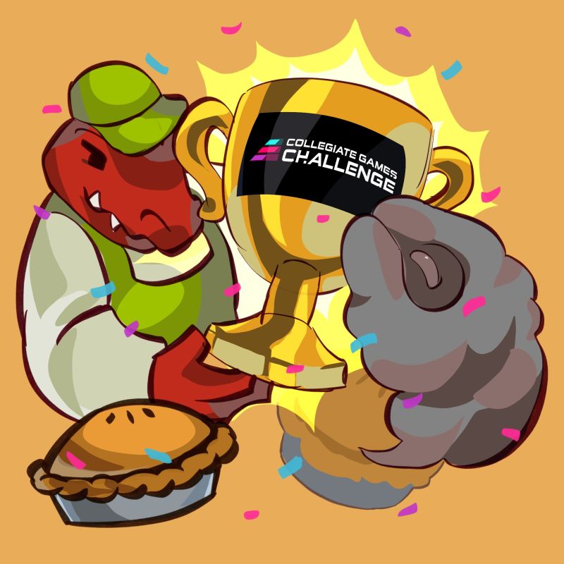 Smoke Break! art: a red crocodile in a green cap and apron and Applewood, a gray puff of smoke, hold up a gold Collegiate Games Challenge trophy beside a pie as confetti falls