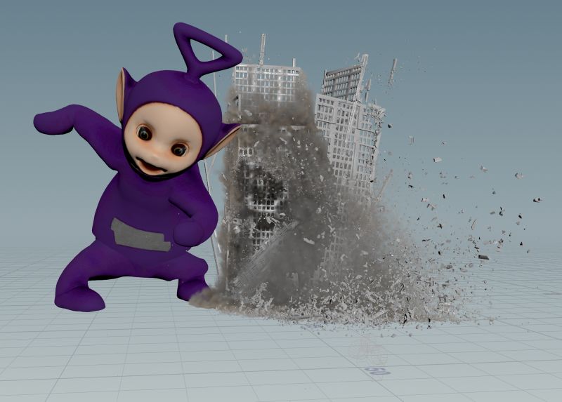 Tinky Winky from Teletubbies stomping beside a skyscraper that collapses into dust and debris in a Houdini destruction simulation