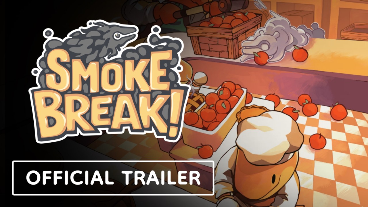 The Smoke Break! Official Trailer cover: the game's logo beside a baker in a chef's hat, crates of apples and Applewood drifting along a bakery counter