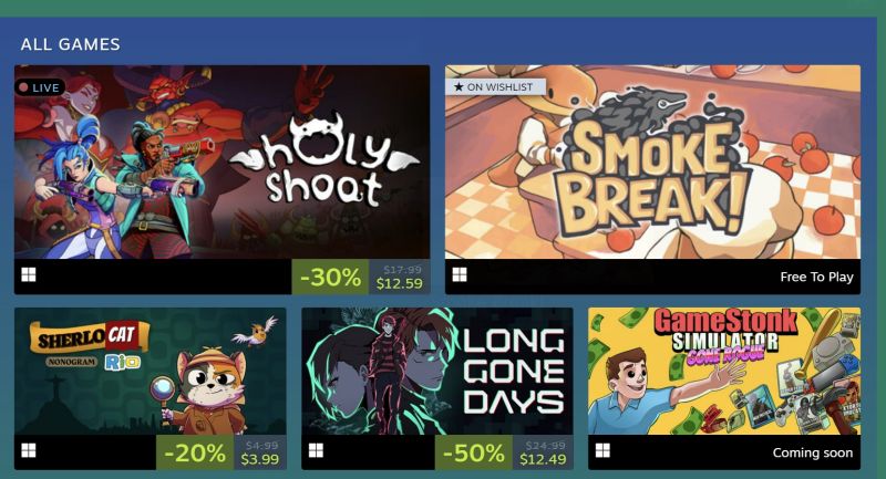 Steam's All Games list, with Smoke Break! in the top row marked Free To Play, beside Holy Shoot and above three other games
