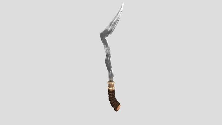 Andrew's 3D sword prop: a steel blade bent in a zigzag that curves to a point, with a leather-wrapped handle, on a plain gray background