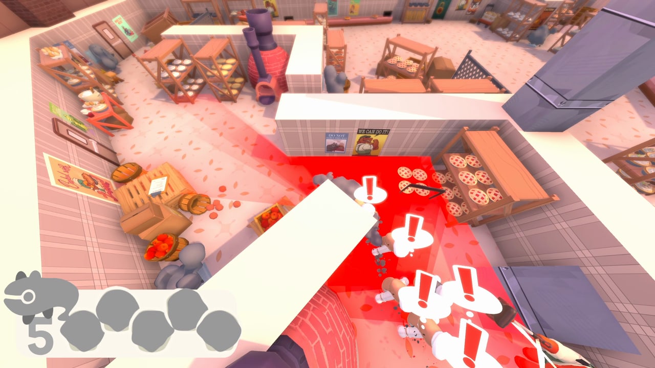 A line of alerted bakers chases Applewood's smoke trail through the bakery, their vision cones glowing red