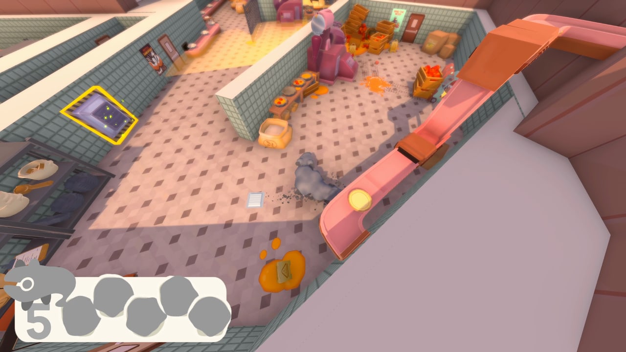 Applewood breaks a pink bakery machine as alerted bakers close in, then dives into a flour bag in a puff of flour